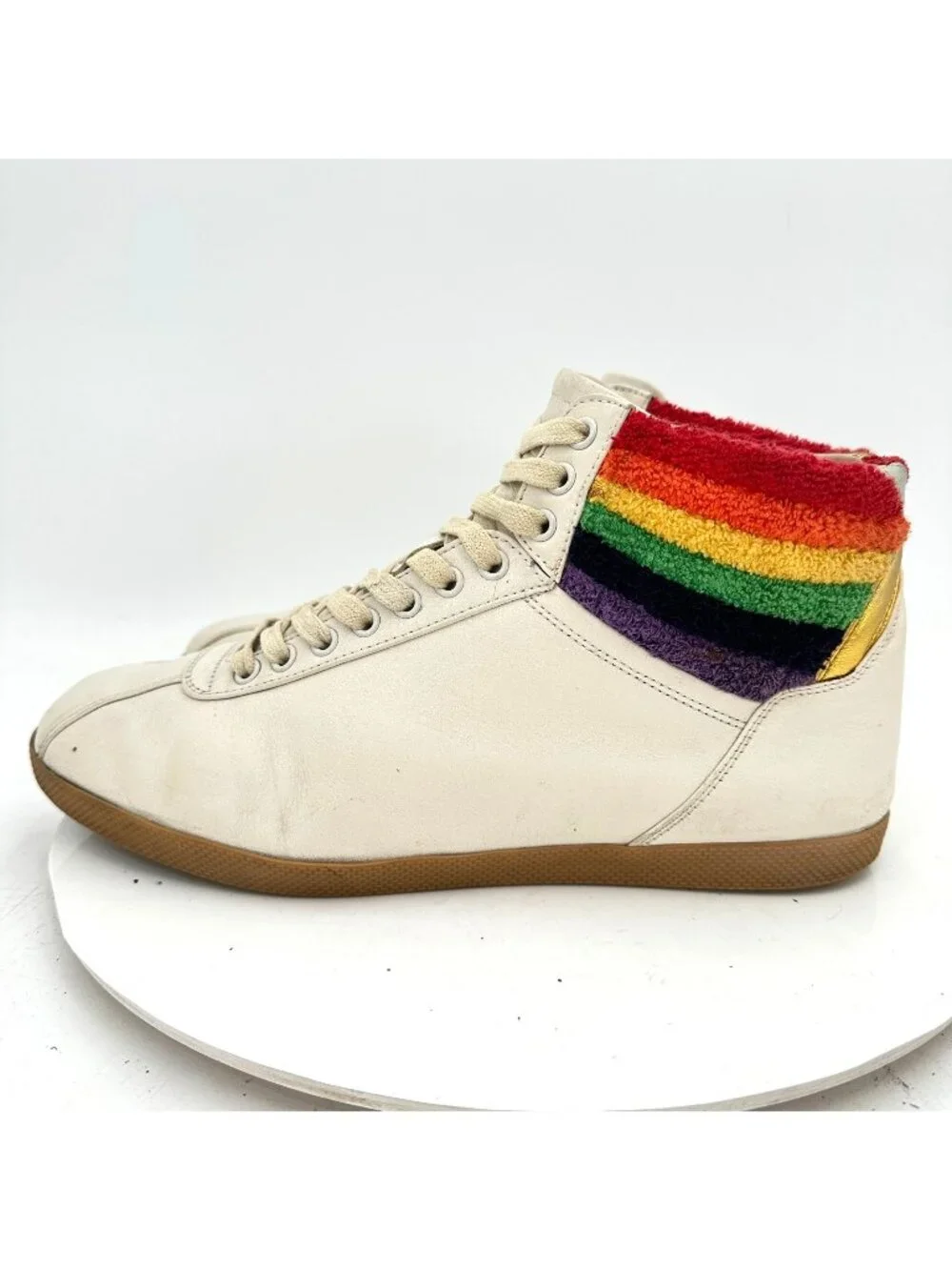 Gucci Men Sz UK 9.5D US 10 White Leather Lace Up Rainbow Heel Collar Mid Shoes